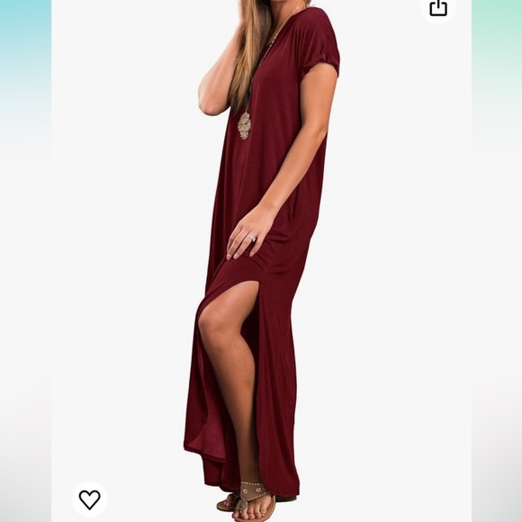 Casual Loose Pocket Long Dress Short Sleeve Split Maxi Dress V-Neck - Picture 3 of 10